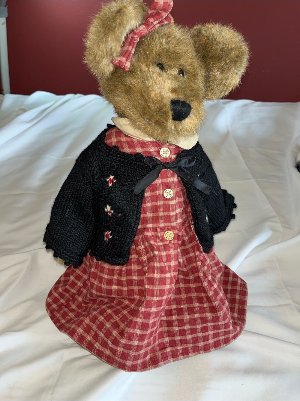 Boyds Bears 17" Vintage Brown Plush Lisa Bear in Red Plaid Dress Black Cardigan